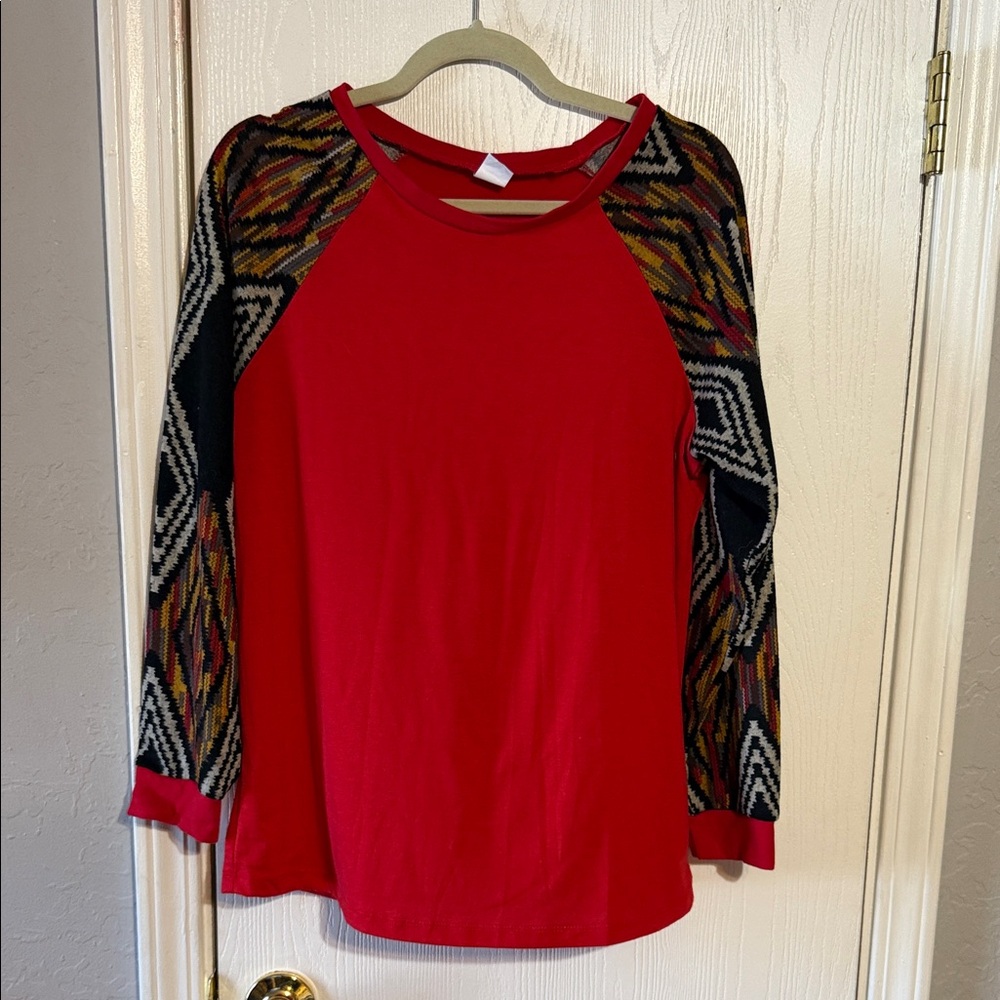 Vibrant Red Long Sleeve Top with Patterned Sleeves